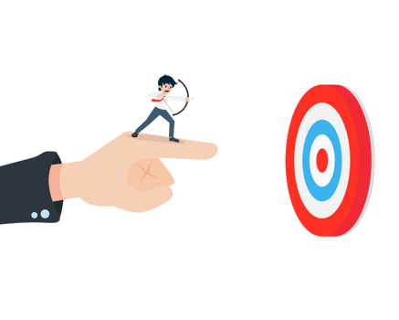 Salary Man Stand and holding a bow on the giant hand pointing to the target. If there is someone guiding well, then the goal will be clearly seen. png