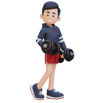 3D Sporty Male Character Showcasing Cool Standing Pose and Holding Dumbbell with Confidence png