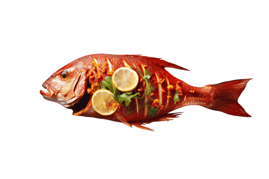 Fried fish carp and fresh lemon slice on transparent background png