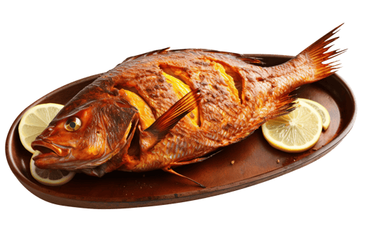 Fried fish carp and fresh lemon slice on transparent background png