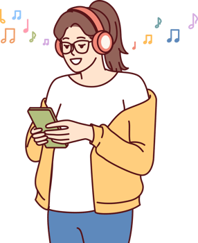 Teen girl listens music on headphones and holds phone with application to select track from playlist png