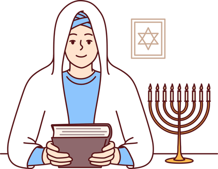 Jewish woman rabbi in white veil, holds torah in hands and sits near image of star of david png