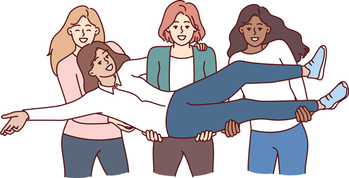 Multiethnic women students raise classmate in arms to congratulate on educational achievements png