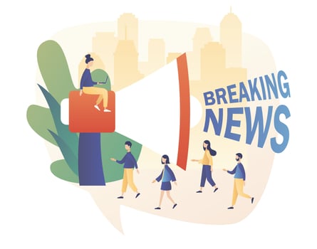 Breaking news - signis heard from a large megaphone and tiny people listening to the latest news. Modern flat cartoon style. Vector illustration on white background