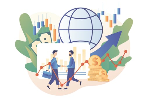 Trading online.Business, finance and trade. Tiny people enter into agreement buy and sell cryptocurrency, stocks and bonds for forex. Modern flat cartoon style. Vector illustration on white background