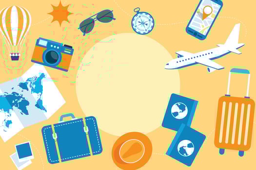 Travel destination vector background and template design with travel destinations and famous landmarks and attractions for tourism. Let's go travel vector illustration.
