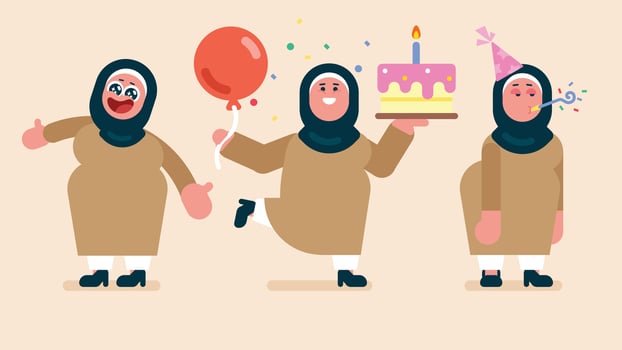 Arabic woman character. Different poses and emotions, female wears hijab,islamic House wife celebrates her birthday, preparing a cake with balloon and candle, feeling bored in party, Flat avatar vector