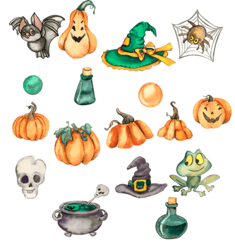 A set pumpkins, skull, frog. png