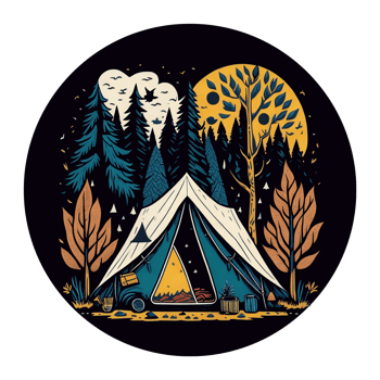 Camping in Forest at night with stars and fireflies, illustration png