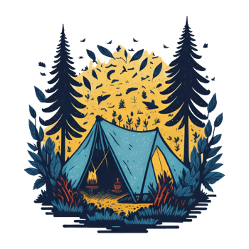 Camping in Forest at night with stars and fireflies, illustration, digital painting png