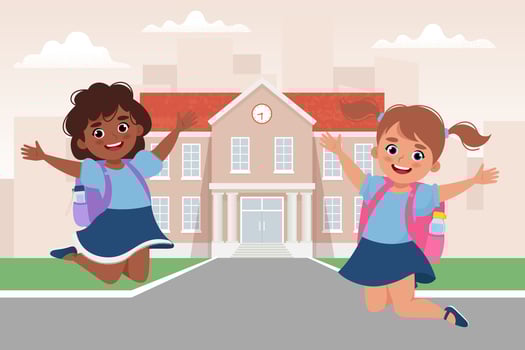 Pupils Girls with school bags near school building, happy children. Back to school concept vector