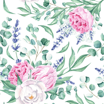 Seamless watercolor pattern with white and pink peonies, eucalyptus and lavender branches. Can be used for wedding prints, gift wrapping paper, kitchen textile and fabric prints. png