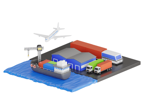 3d fast international deliveries different modes of transport. Transportation and logistics of Container Cargo ship and Cargo plane. 3D Illustration png