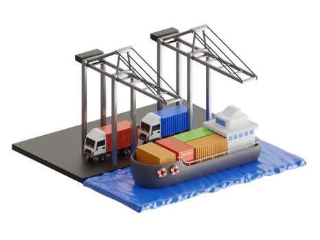 3D Logistics distribution of containers cargo freight ships. Logistics and transportation of Container Cargo ship  with working crane bridge in shipyard png