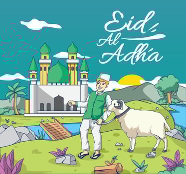 vector hand drawn people celebrating eid al-adha illustration, eid al-adha illsutration background, eid al adha