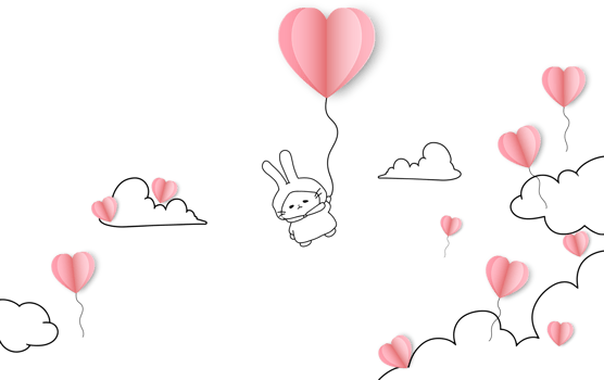 Doodle sketch of a small rabbit flying in the air with a 3D paper heart balloon. png