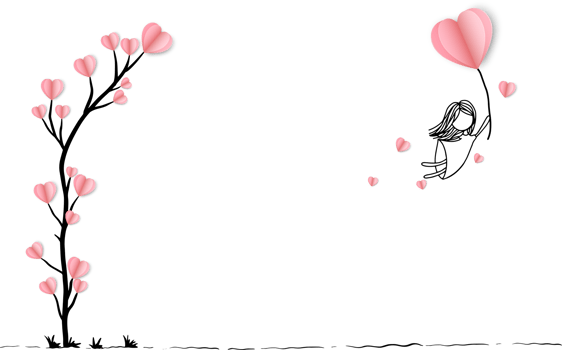 Doodle sketch of a little girl floating in the air with a 3D paper heart balloon. png