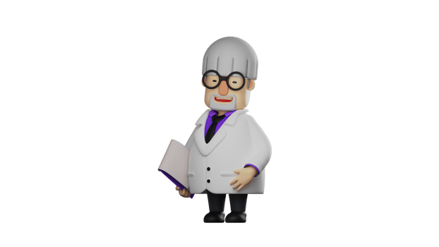 3D illustration. Charming professor 3D cartoon character. The professor stood aside and showed a sincere smile. Old professor holding his notes. 3D cartoon character png