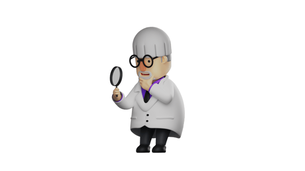 3D illustration. Professor 3D cartoon character. The old professor put the magnifying glass over his eyes. The Professor faced forward and showed a serious expression. 3D cartoon character png