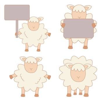 Sheep cartoon illustration set. Sheep holding blank board, cute and happy sheep vector illustration.