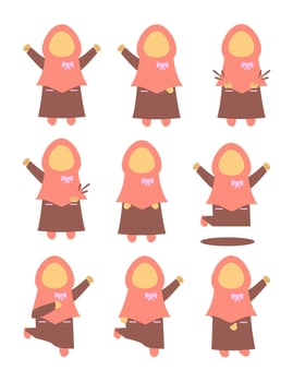 Big Set Of Happy Muslim Girl Expression, Cartoon Style. vector