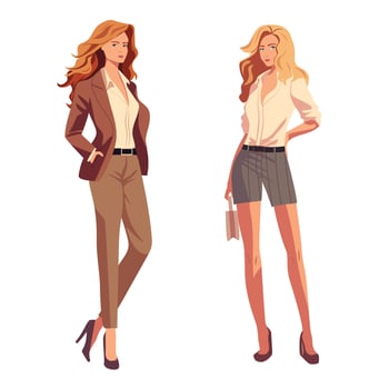 Set of Attractive young businesswoman or secretary wearing smart casual clothing. Beautiful smiling woman in office attire. Cartoon character. Isolated on white. vector
