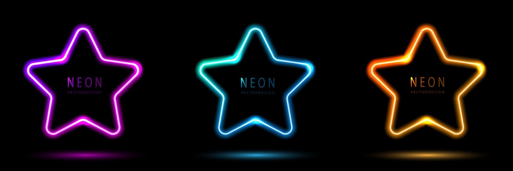 Set of glowing neon star lighting lines pink-purple, blue-green, orange-yellow, blue-green illuminate hexagon frame design. collection of glowing neon lighting on dark background with copy space. vector