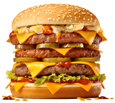 big burger with three layer beef meat with sauce cheese and vegetables, png
