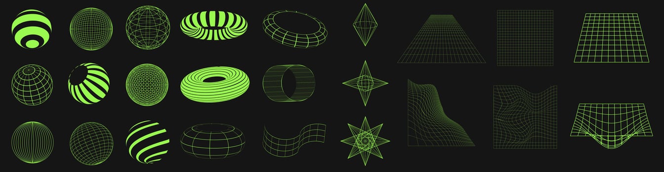 Big set of wireframe shapes. Cyber neo futuristic grids, 3d mesh objects and shapes. Wireframe wavy geometric perspective ball, sphere, rhombus, oval, grid, . 80s cyberpunk elements, vector set.