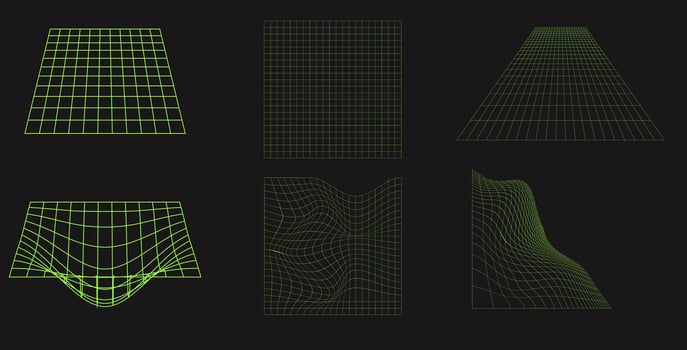 Set of wireframe shapes. Cyber neo futuristic grids, 3d mesh objects. Wireframe wavy geometric perspective shapes. 80s cyberpunk elements, vector set.