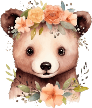 Cute bear and flowers watercolor illustration png