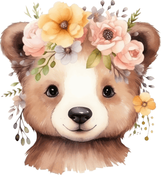 Cute bear and flowers watercolor illustration png