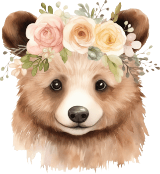 Cute bear and flowers watercolor illustration png