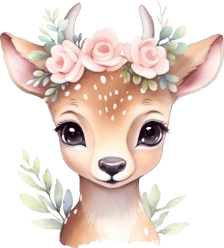 Cute deer and flowers watercolor illustration png