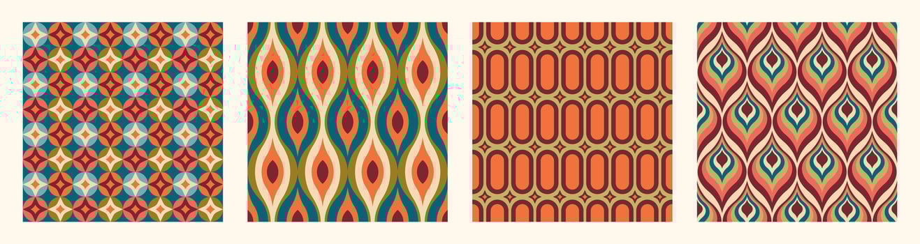 Set of Aesthetic mid century printable seamless pattern with retro design. Decorative 50s, 60s, 70s style Vintage modern background in minimalist mid century style for fabric, wallpaper or wrapping vector
