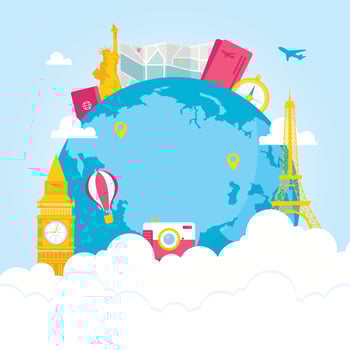 airplane and time to travel banner. travel around the world. landmarks on the globe. Tourism trip concept. Journey in Vacation. Vector illustration modern flat design.