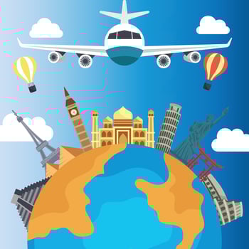 airplane and time to travel banner. travel around the world. landmarks on the globe. Tourism trip concept. Journey in Vacation. Vector illustration modern flat design.