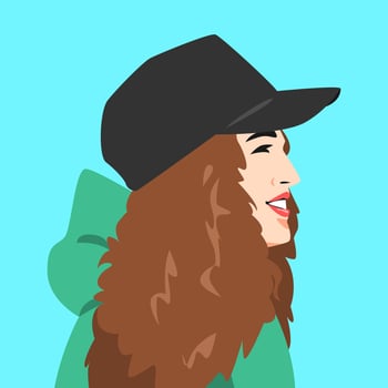 portrait of a cheerful woman wearing a black baseball cap with curly brown hair and wearing a sweater. suitable for avatar, social media profile, print, etc. vector flat graphic.