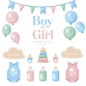 Baby shower party elements set. Gender reveal party vector