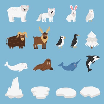 Cute arctic animals collection in cartoon style. vector