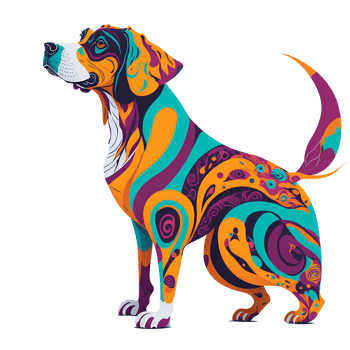 psychedelic, trippy design with abstract shapes and bright, bold colors representing a dog. png