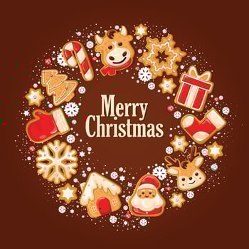 Christmas gingerbread cookies in a round shape, for use as a poster or background. Decorated with snow, snowflakes and beads. Vector illustration