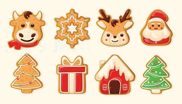 Set of cute gingerbread cookies for christmas. Christmas pastries. Biscuits. Isolated over white background. Vector illustration.