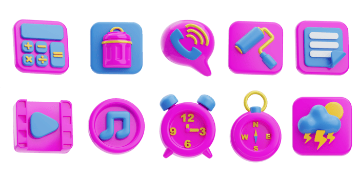 Set of 3d rendering user interface icons for web and mobile applications. Icon calculator, trash, phone call, theme, notes, video player, music player, clock, compass, weather png