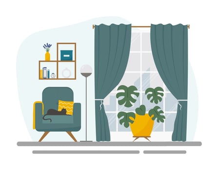 Modern living room interior with a black cat on the armchair. Concept vector illustration in flat style.