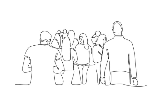 Continuous one line drawing concept of a crowd of happy people outdoors. Single line draw design vector graphic illustration.