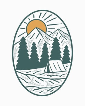 camping in wild mountain and nature art design for badge, sticker, t shirt vector