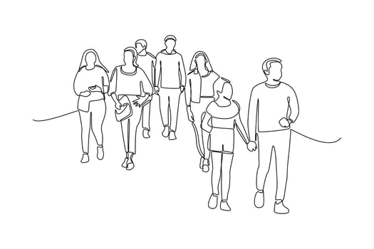 Continuous one line drawing concept of a crowd of happy people outdoors. Single line draw design vector graphic illustration.