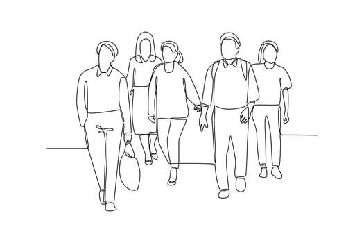 Continuous one line drawing concept of a crowd of happy people outdoors. Single line draw design vector graphic illustration.