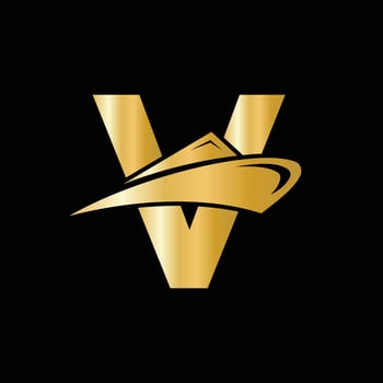Letter V Cruise Ship Logo Boat Icon. Yacht Symbol, Marine Logotype Vector Template